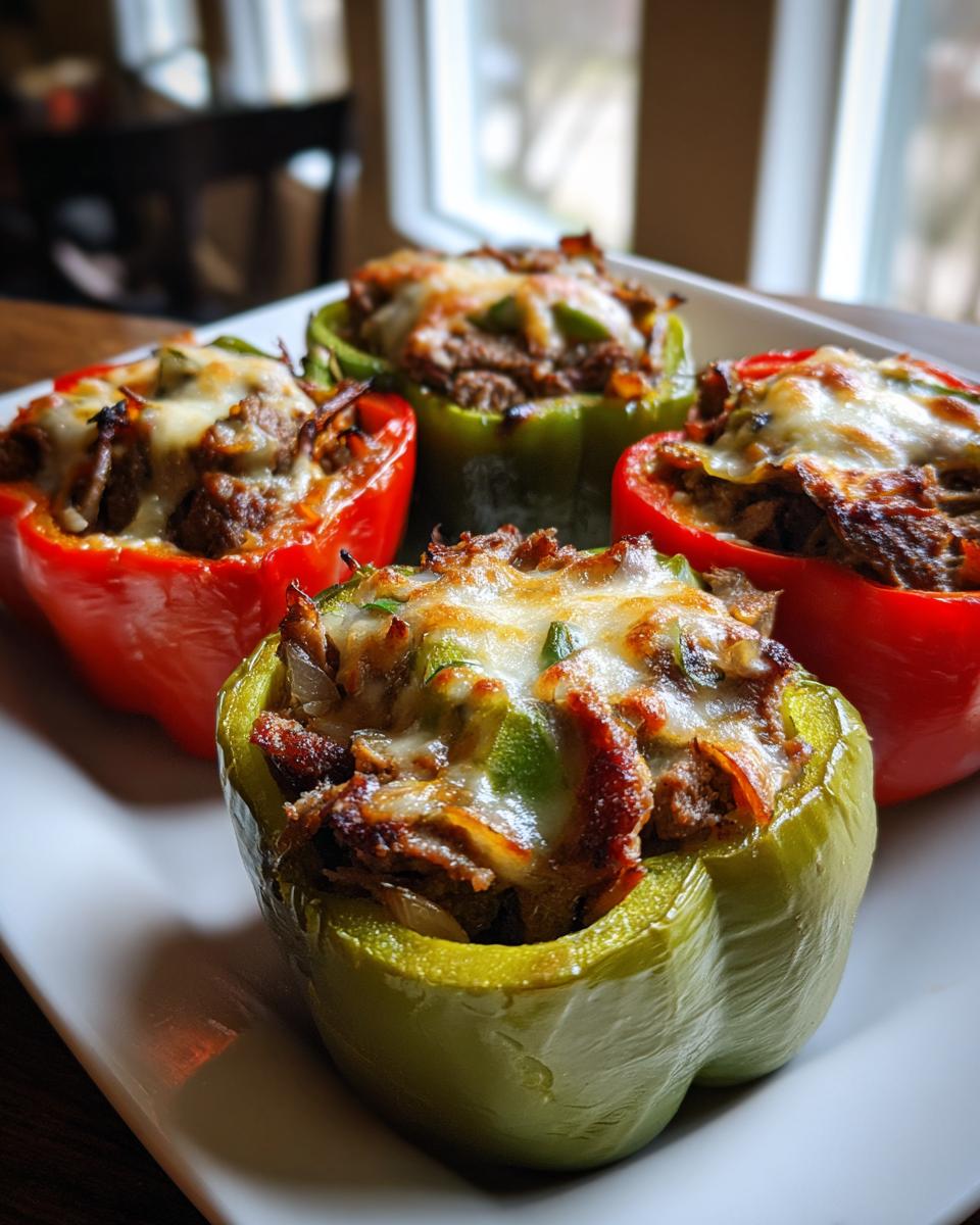Four baked philly cheesesteak stuffed peppers, red and green, topped with melted cheese, served on a white platter.
