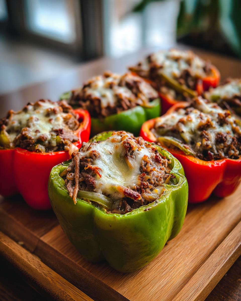 Close-up of baked philly cheesesteak stuffed peppers, featuring red and green bell peppers topped with melted provolone cheese.