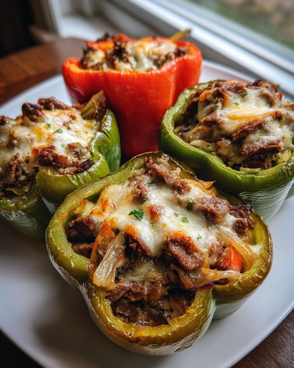 Four baked philly cheesesteak stuffed peppers, two green and one red, topped with melted white cheese.