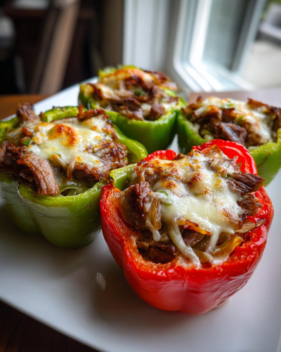 Close-up of four philly cheesesteak stuffed peppers, featuring melted cheese topping over steak and onions inside red and green peppers.