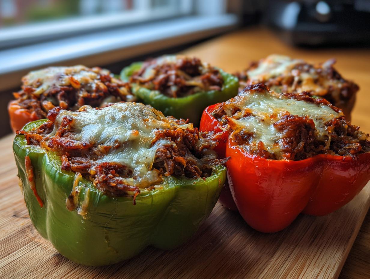 Close-up of baked philly cheesesteak stuffed peppers topped with melted white cheese.