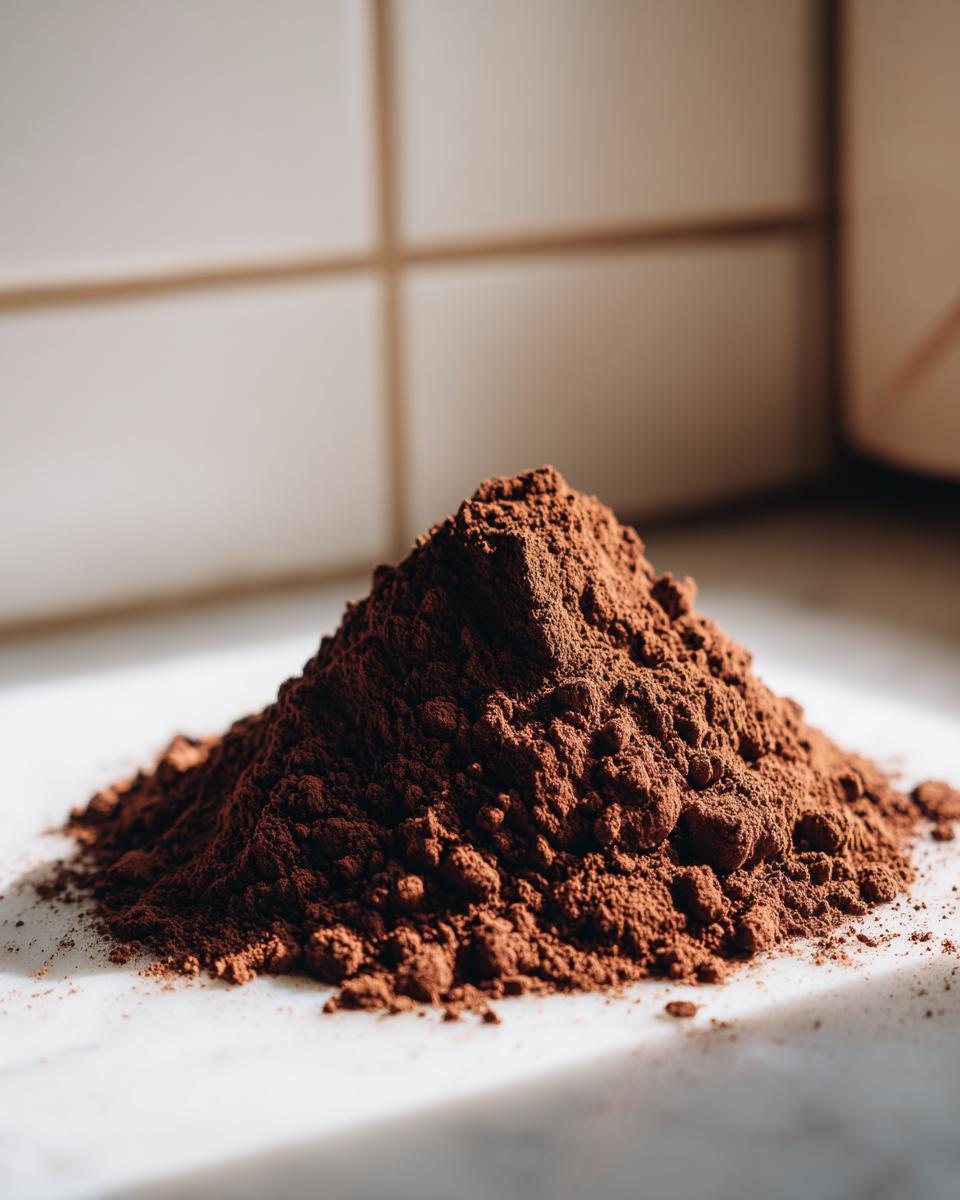 Close-up of a mound of rich, dark brown hot cocoa mix powder sitting on a white marble surface.