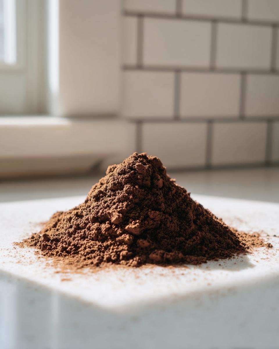 A close-up of a small mound of rich brown hot cocoa mix powder sitting on a white countertop.