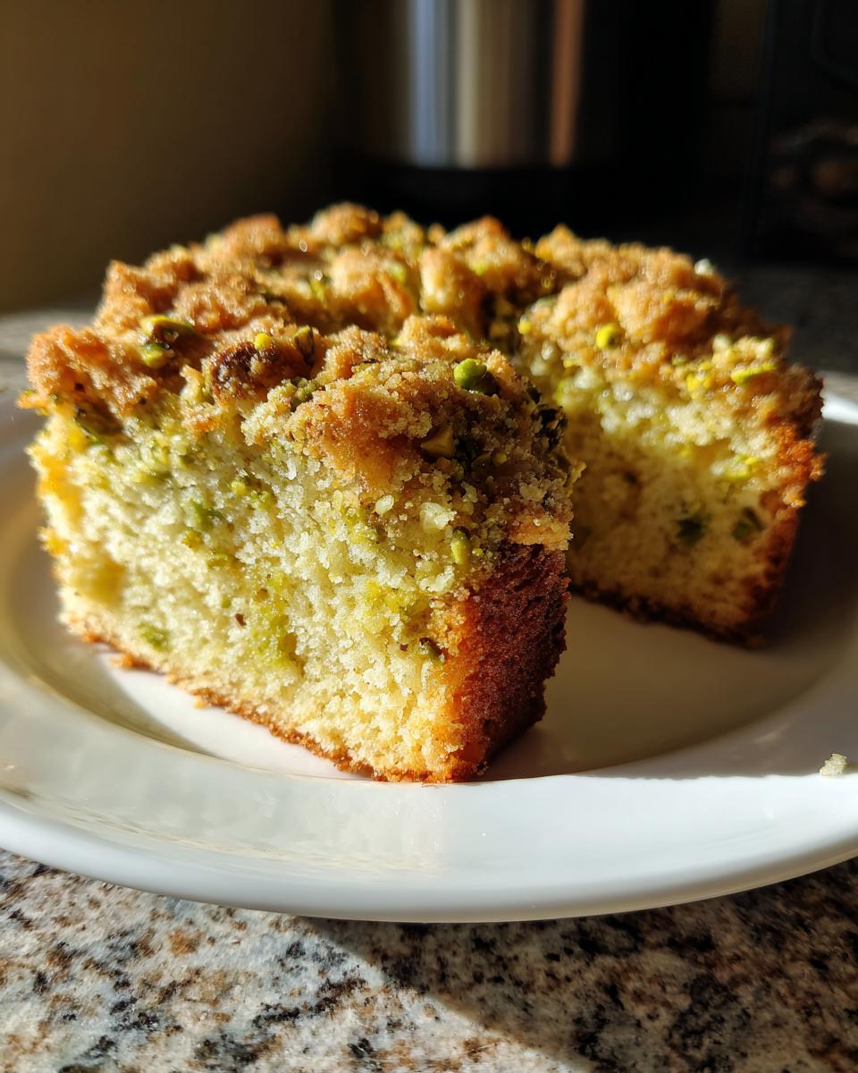 A close-up of a slice of moist pistachio coffee cake featuring a crunchy crumb topping with visible green pistachio pieces.