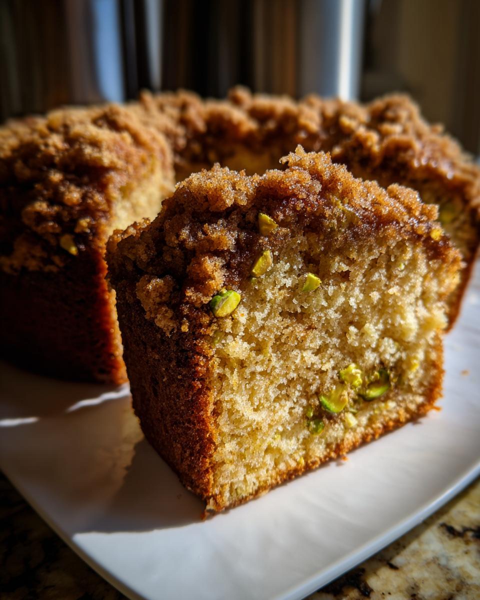 Close-up of a slice of moist pistachio coffee cake showing green pistachio pieces and a thick brown crumb topping.