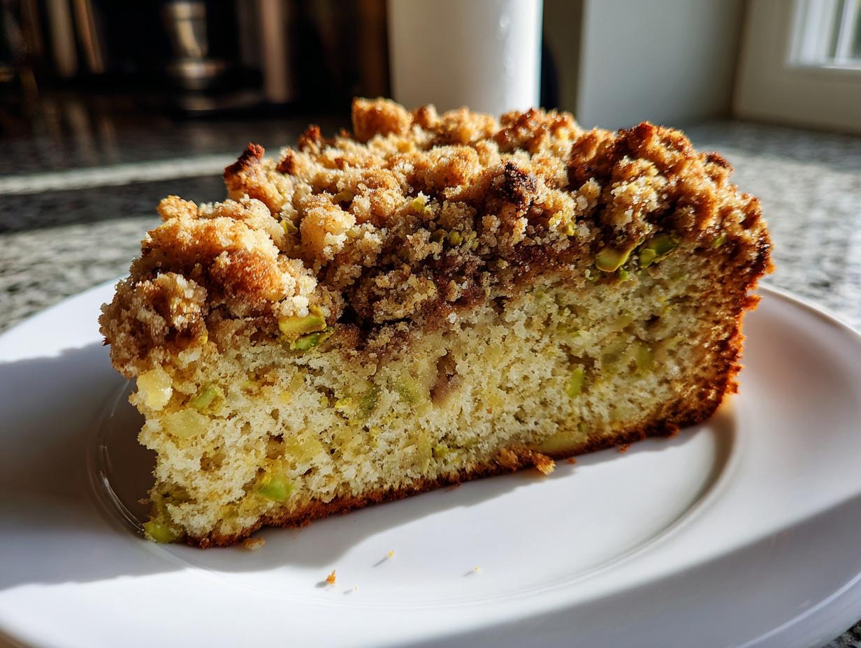 Close-up of a moist slice of pistachio coffee cake featuring visible green pistachio pieces and a thick, golden brown streusel topping.