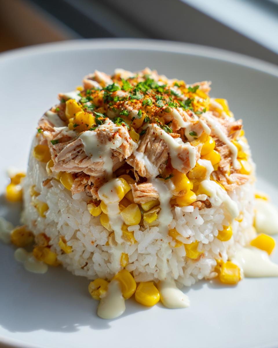 A molded portion of white rice topped with shredded chicken, bright yellow corn, and drizzled with a creamy white sauce, forming an amazing chicken rice bowl.