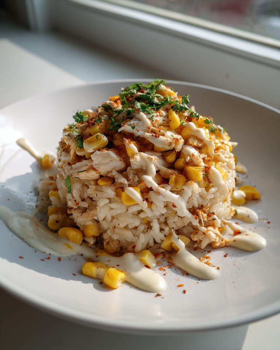 A beautifully plated portion of chicken rice bowl mixed with corn, drizzled with white sauce, and topped with herbs.