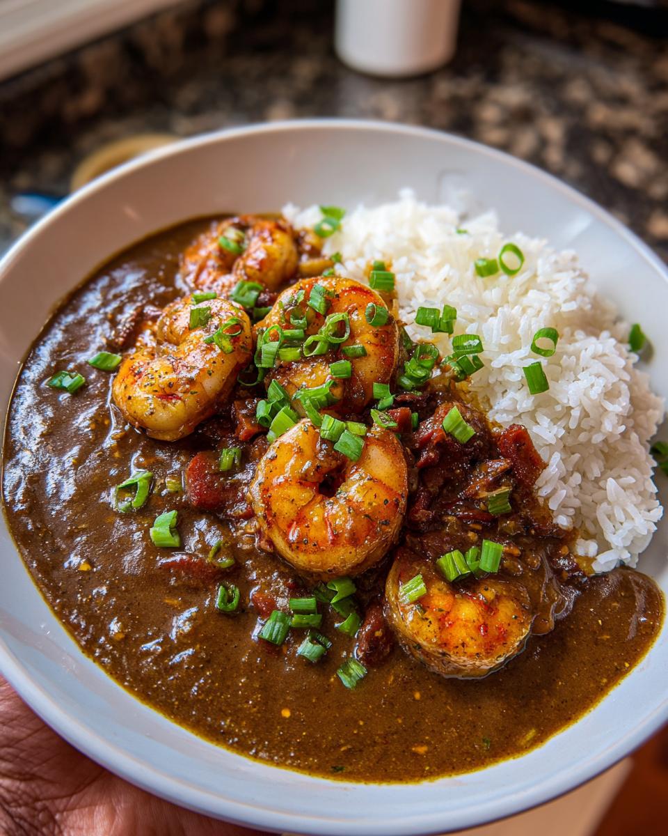 A bowl of rich, dark shrimp etouffee served alongside fluffy white rice, topped with seared shrimp and chopped green onions.