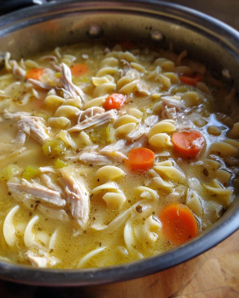 Close-up view of rich, yellow broth turkey noodle soup filled with shredded turkey, egg noodles, and sliced carrots.