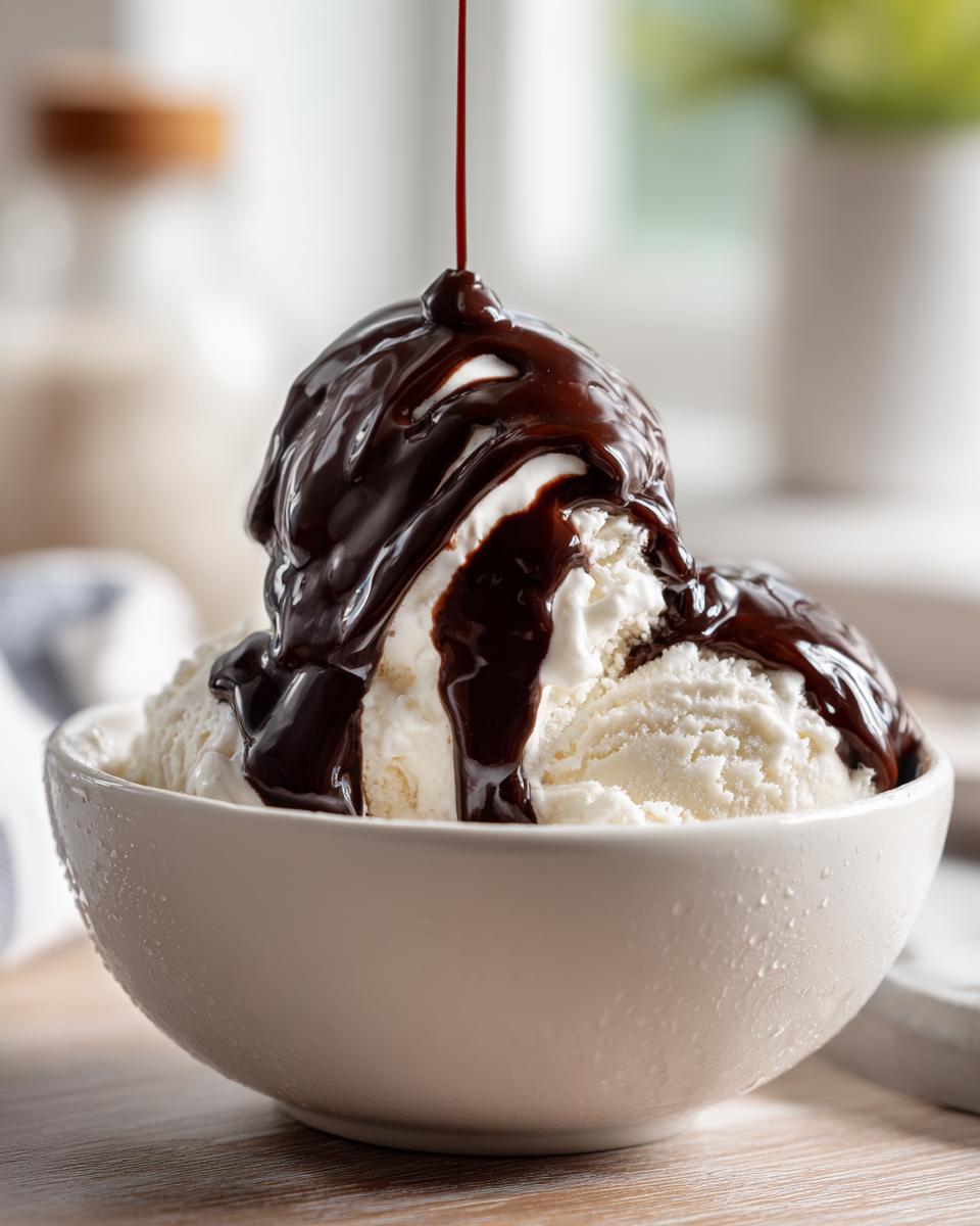 Close-up of vanilla ice cream being drenched with homemade chocolate syrup being poured from above.