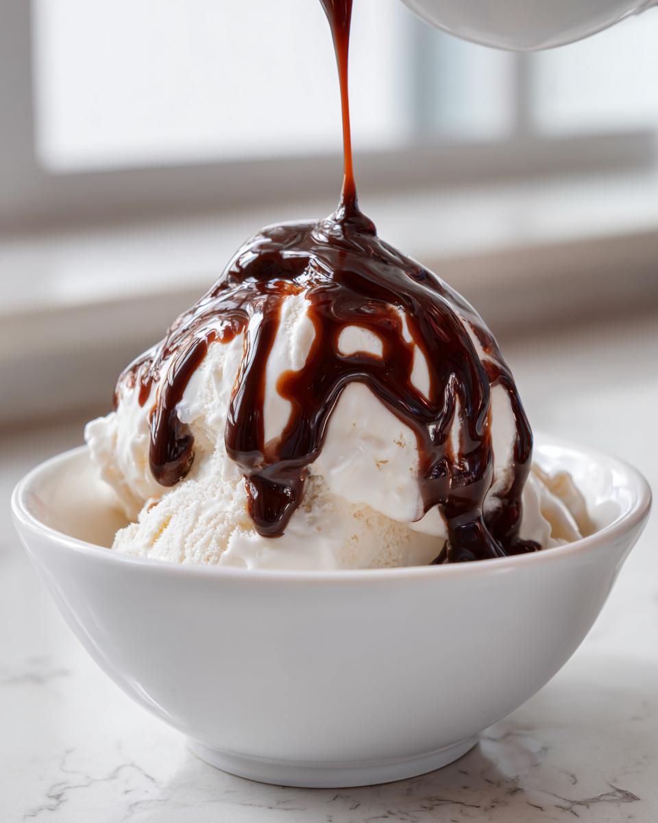 A stream of rich chocolate syrup being poured over scoops of vanilla ice cream in a white bowl.