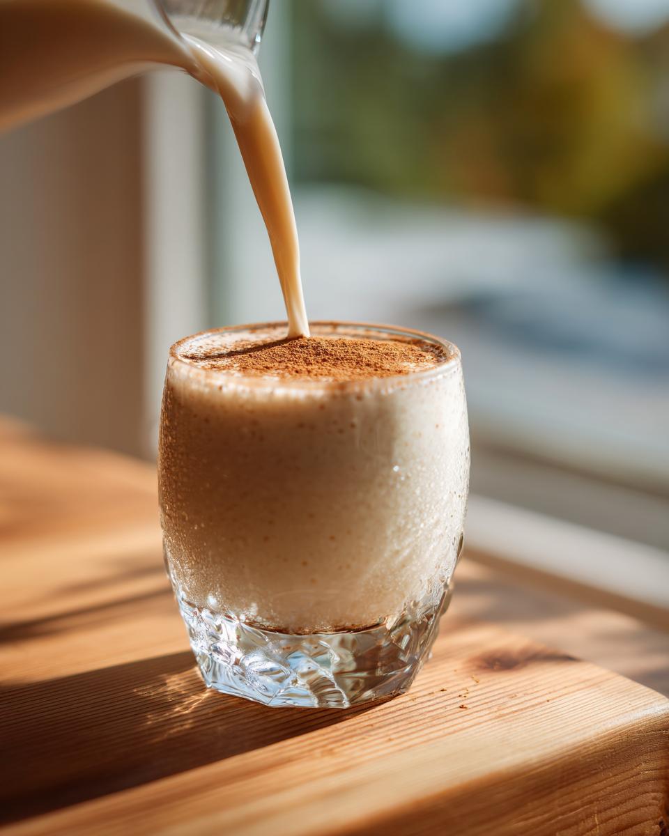 A stream of creamy coquito is being poured into a chilled glass topped with ground cinnamon.