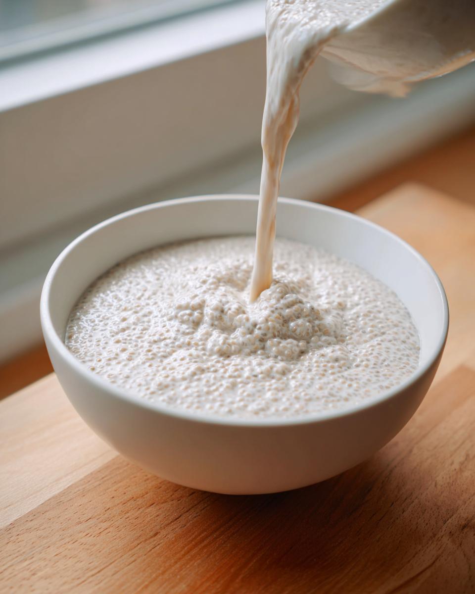 Pouring creamy liquid into a bowl filled with chia seeds to make coconut chia pudding.