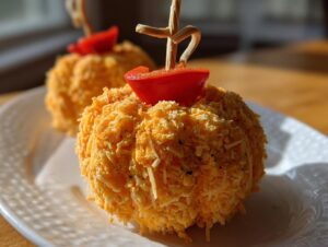 A close-up of a single, vibrant orange pumpkin cheese ball coated in shredded cheese and topped with a red pepper piece.