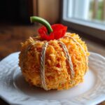 A festive pumpkin cheese ball coated in shredded cheddar cheese, tied with twine, and topped with a pepper stem.
