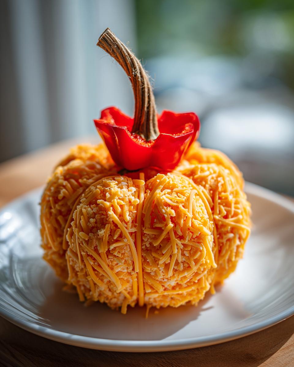 A festive pumpkin cheese ball covered in shredded cheddar cheese, topped with a real stem and red pepper.