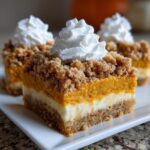 A layered slice of pumpkin crunch dessert bar featuring a crust, cream cheese layer, pumpkin filling, and streusel topping with whipped cream.