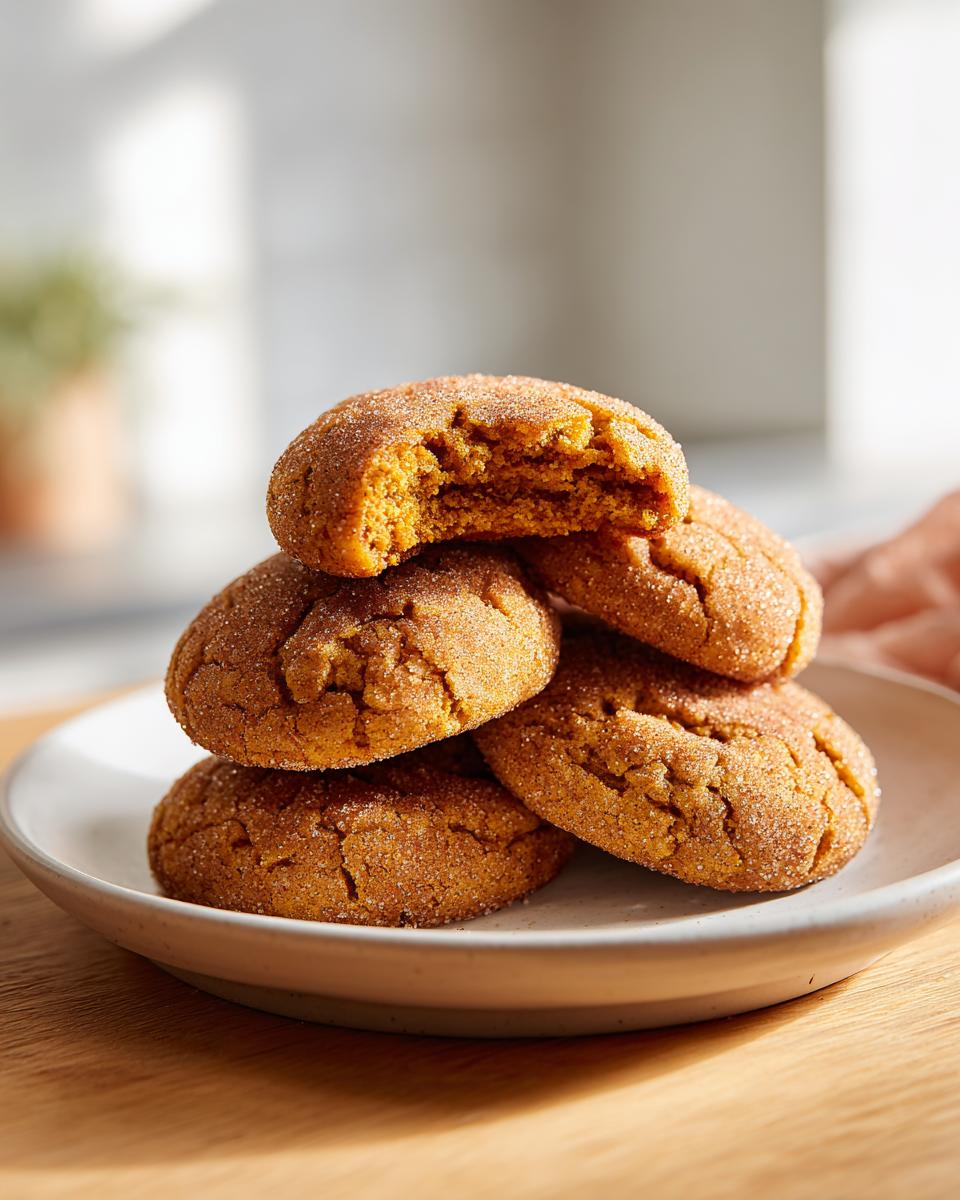 A stack of soft, cinnamon-sugar coated pumpkin snickerdoodle cookies on a white plate, one cookie is broken open.