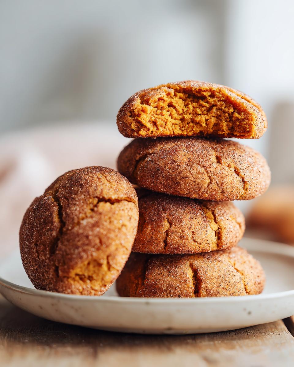 A stack of soft, cinnamon-sugar coated pumpkin snickerdoodle cookies, with the top one broken open to show the texture.