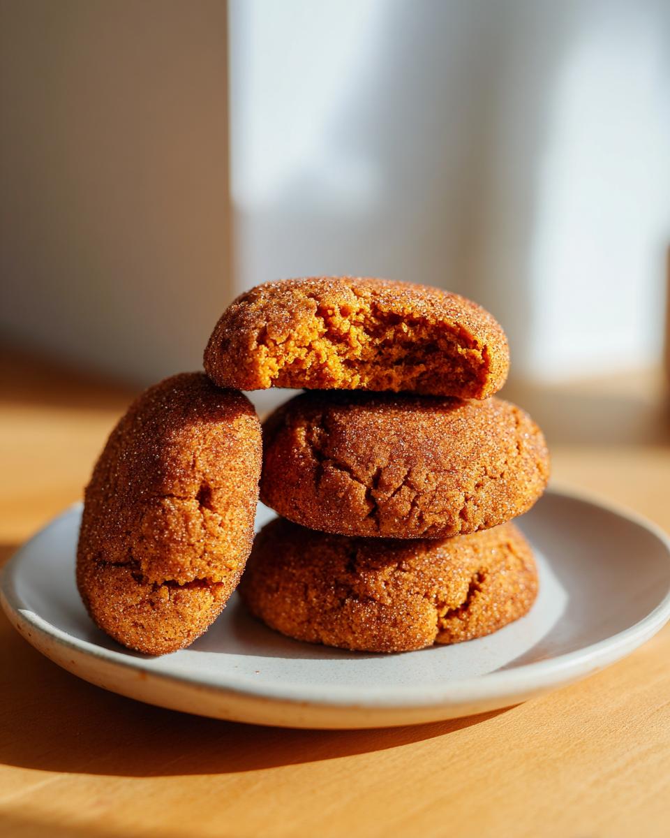 A stack of four soft, crackled pumpkin snickerdoodle cookies coated in cinnamon sugar, with one cookie on top having a bite taken out.