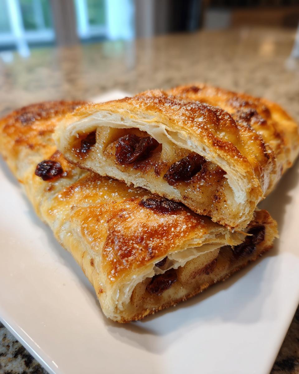 A close-up of an apple strudel cut in half, showing flaky pastry and cinnamon apple filling with raisins.
