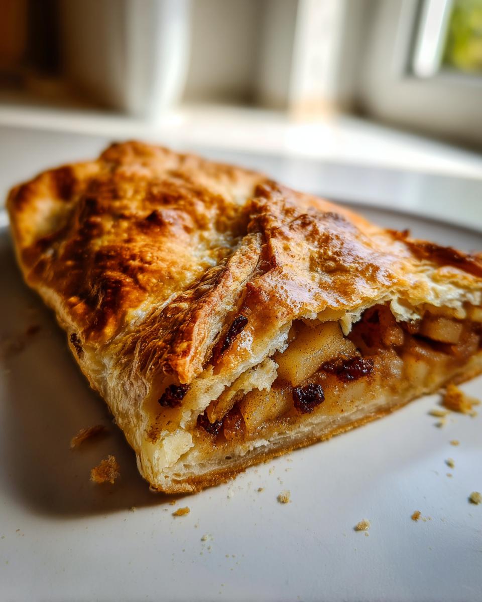 Close-up of a golden-brown slice of apple strudel showing flaky pastry and cinnamon-spiced apple and raisin filling.