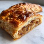 A close-up of a golden brown, flaky pastry slice of apple strudel showing the rich apple and raisin filling.