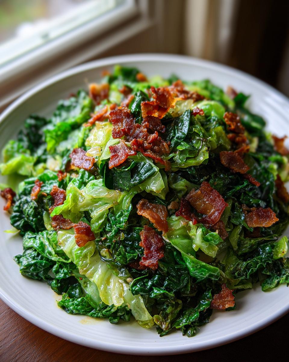 A plate piled high with sautéed green cabbage topped with crispy bacon bits, showcasing a simple cabbage recipe.