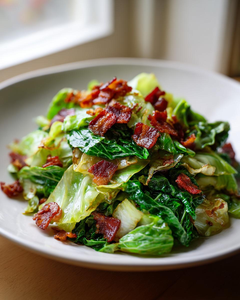 Close-up of a quick cabbage recipe dish topped generously with crispy bacon pieces.