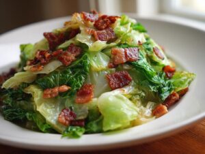 A close-up of a vibrant cabbage recipe featuring sautéed green cabbage topped generously with crispy, crumbled bacon pieces.