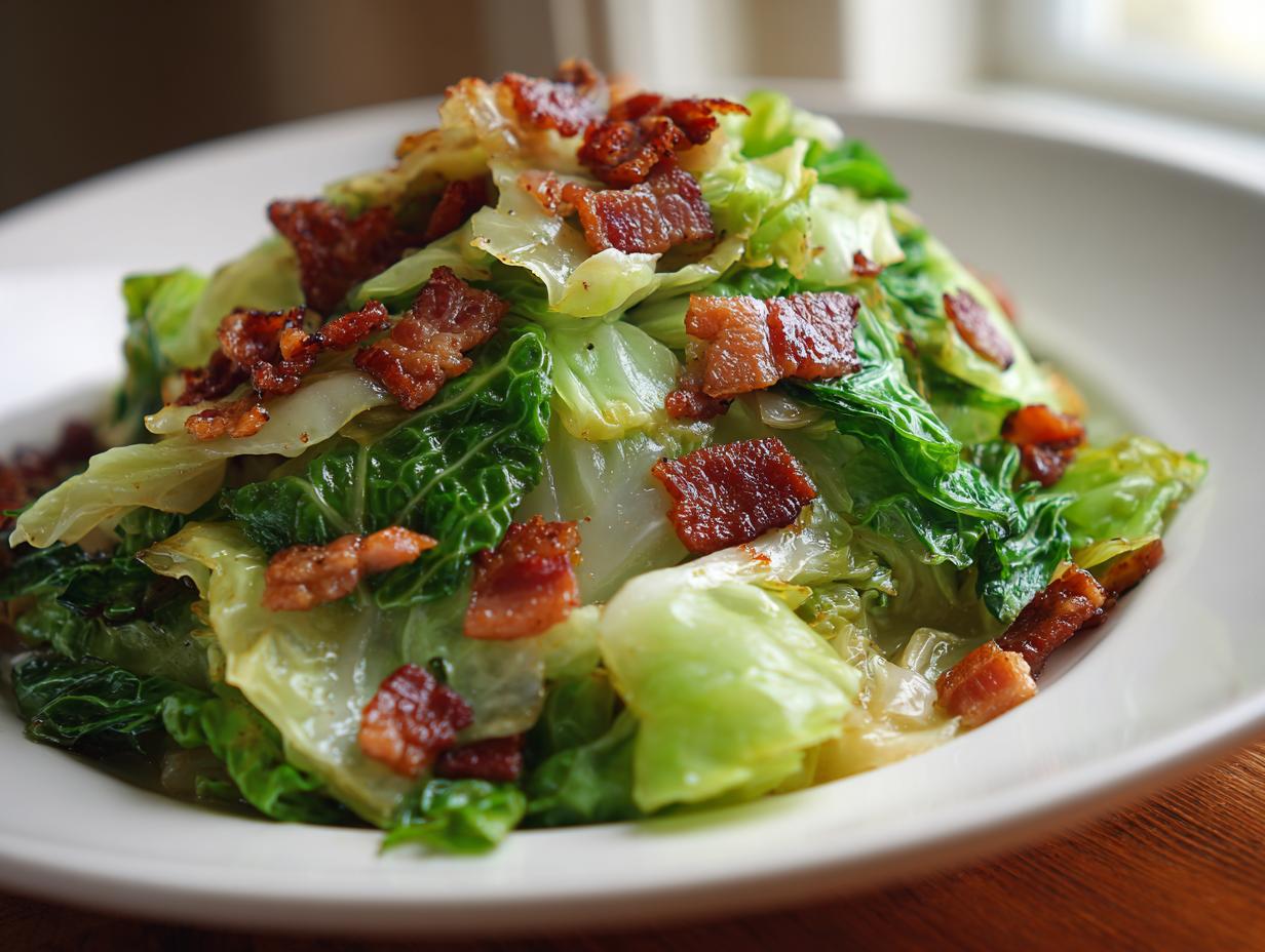 A close-up of a vibrant cabbage recipe featuring sautéed green cabbage topped generously with crispy, crumbled bacon pieces.
