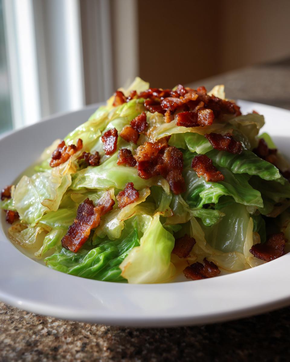 A white bowl filled with sautéed cabbage topped generously with crispy bacon bits, a featured cabbage recipe.