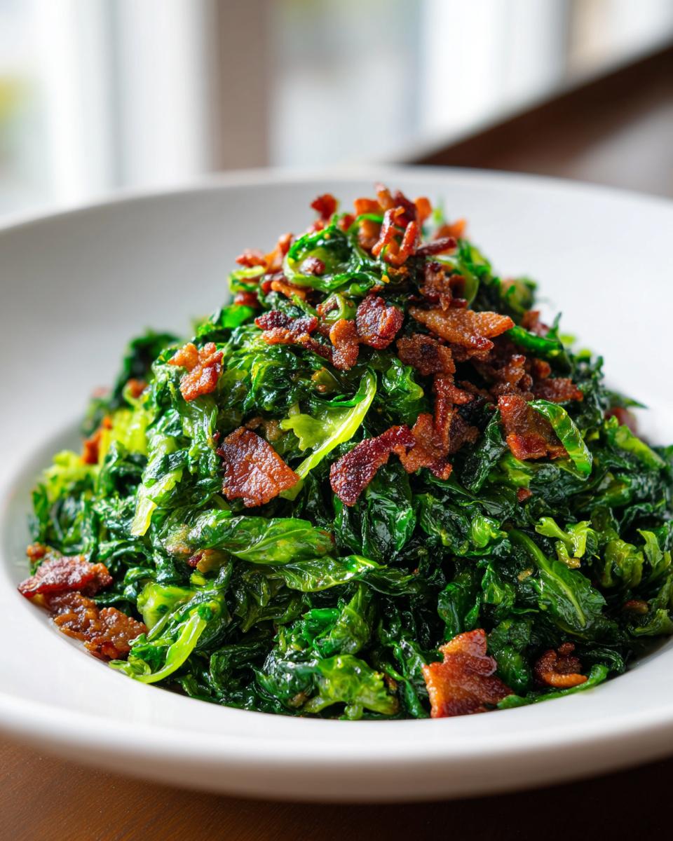 A mound of vibrant green cooked cabbage recipe topped generously with crispy crumbled bacon pieces.