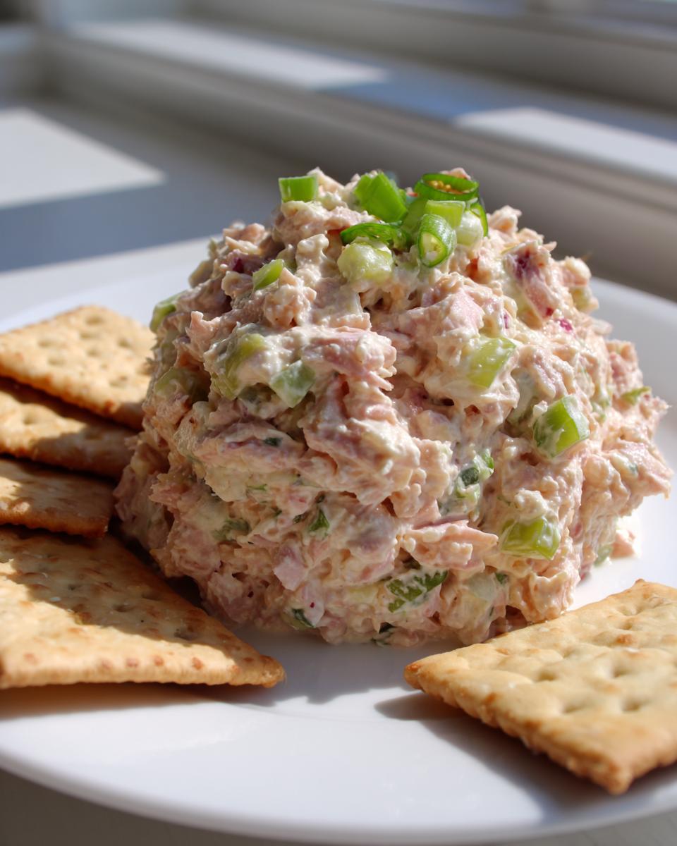 A mound of creamy ham salad recipe topped with green onions, served on a white plate with salty crackers.