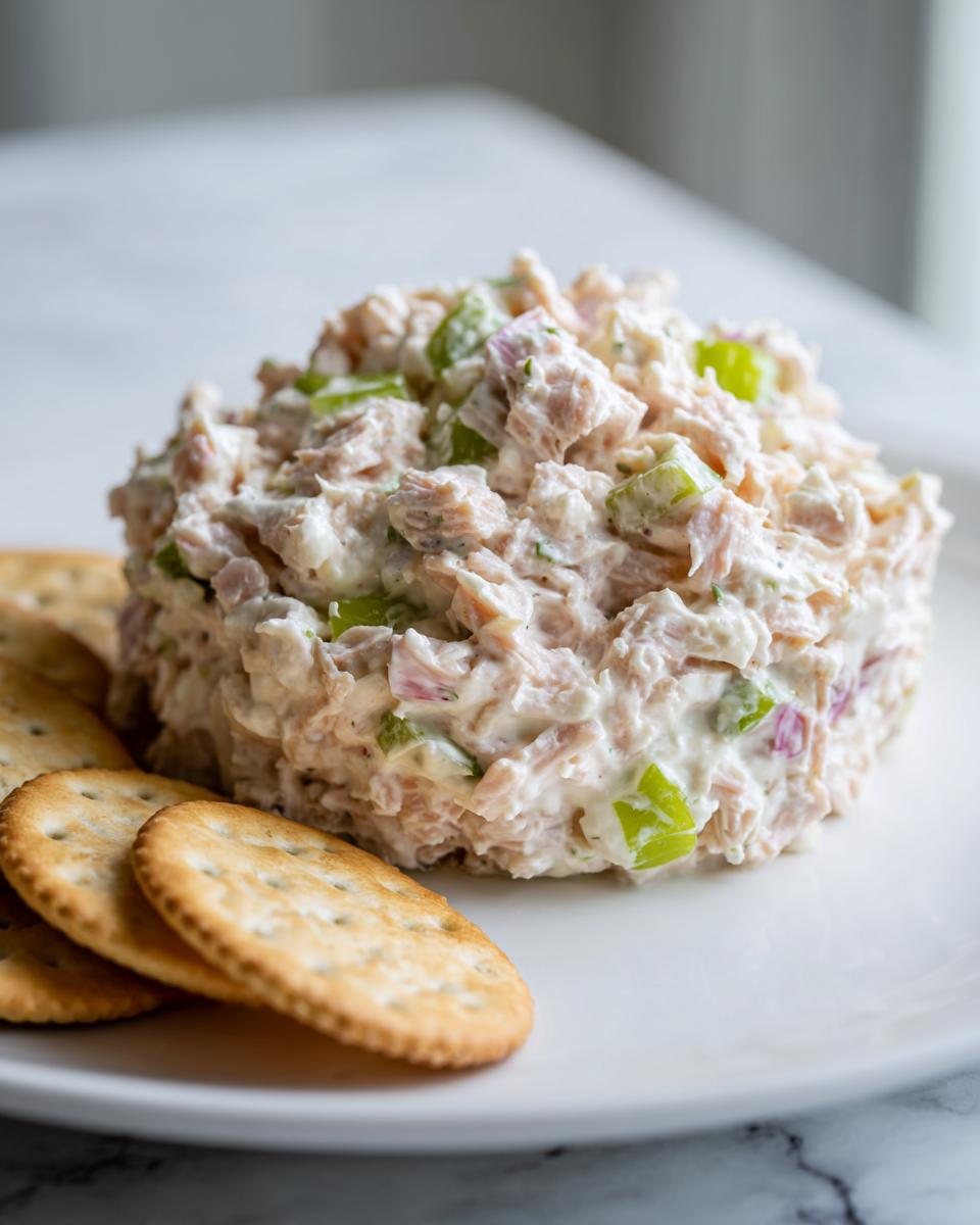 A mound of creamy ham salad recipe mixed with celery and onion, served next to round crackers on a white plate.