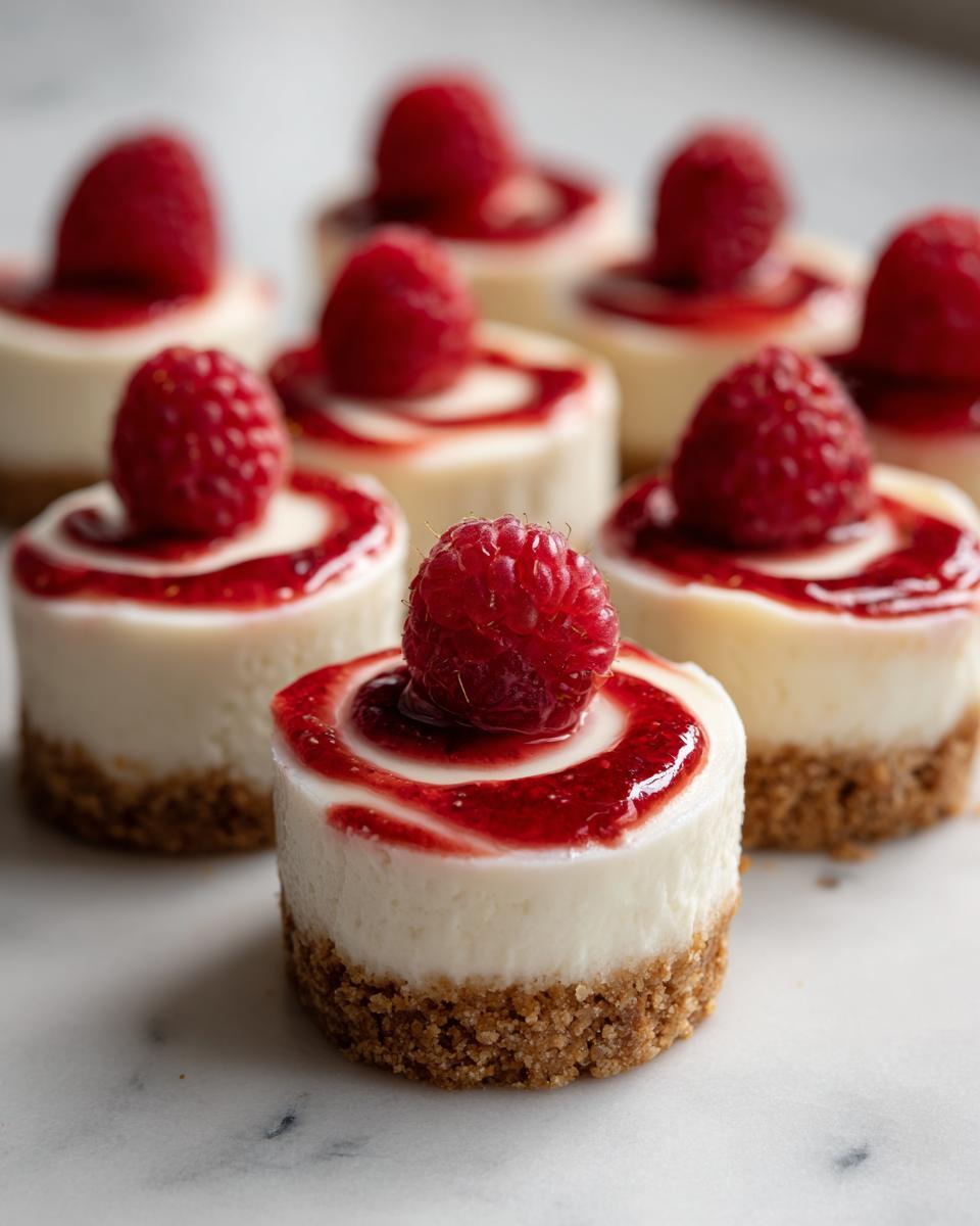 A close-up of several individual no-bake cheesecake bites topped with raspberry sauce and a fresh raspberry.