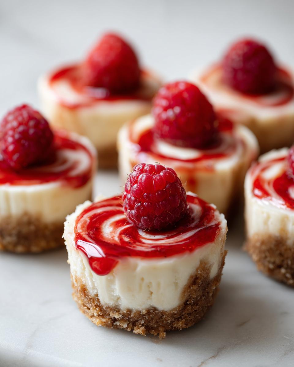 Close-up of several delicious no-bake cheesecake bites topped with raspberry swirl and a fresh raspberry.