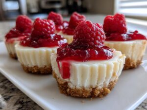 A row of creamy no-bake cheesecake bites topped with raspberry jam and a fresh raspberry.