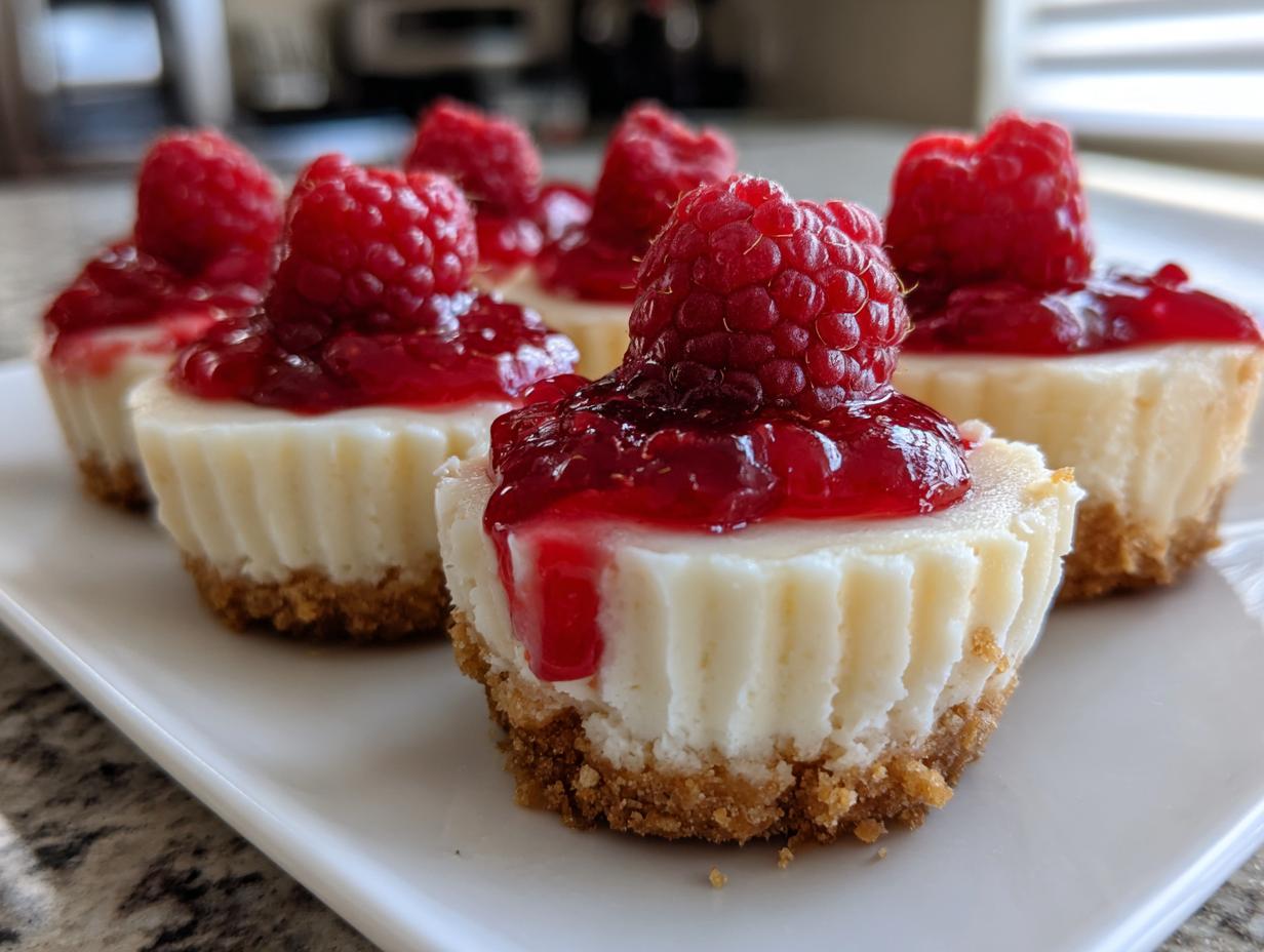 A row of creamy no-bake cheesecake bites topped with raspberry jam and a fresh raspberry.