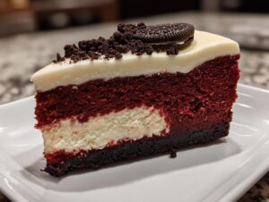 A decadent slice of red velvet cheesecake featuring layers of red cake, white cheesecake, and a dark crust, topped with white frosting and crushed Oreos.