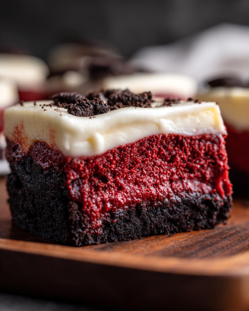 Close-up of a rich, layered red velvet cheesecake square topped with cream cheese frosting and dark cookie crumbs.
