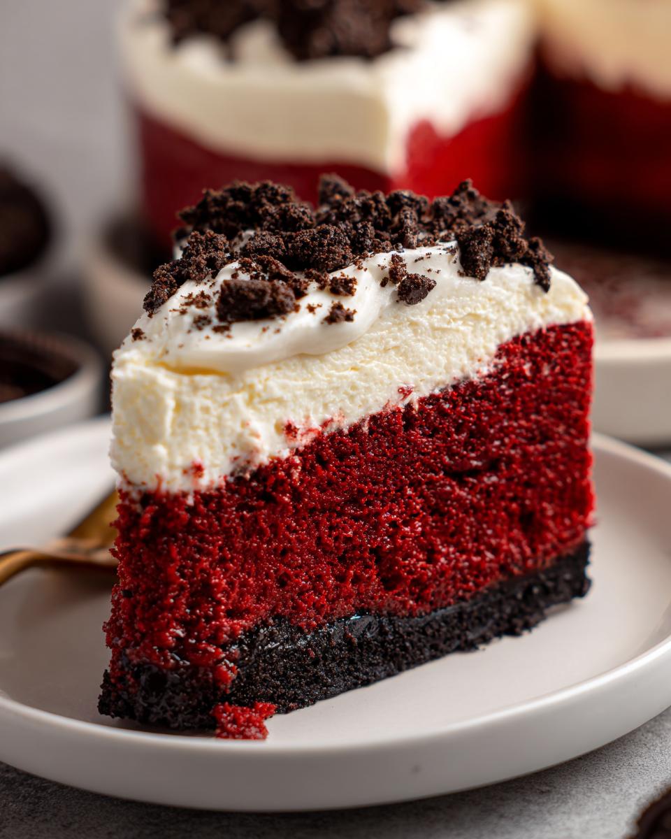 A close-up of a rich slice of red velvet cheesecake with a dark crust, cream cheese layer, and crumbled chocolate topping.