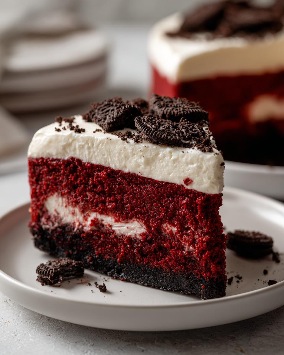 A decadent slice of red velvet cheesecake topped with cream cheese frosting and crushed Oreos.