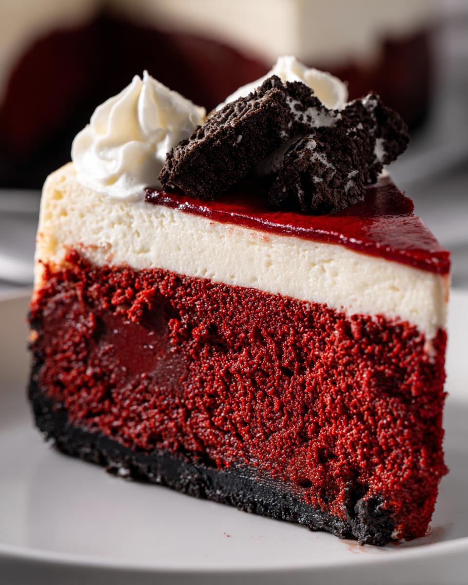 A decadent slice of red velvet cheesecake showing its vibrant red base, white cream cheese layer, and cookie crumble topping.