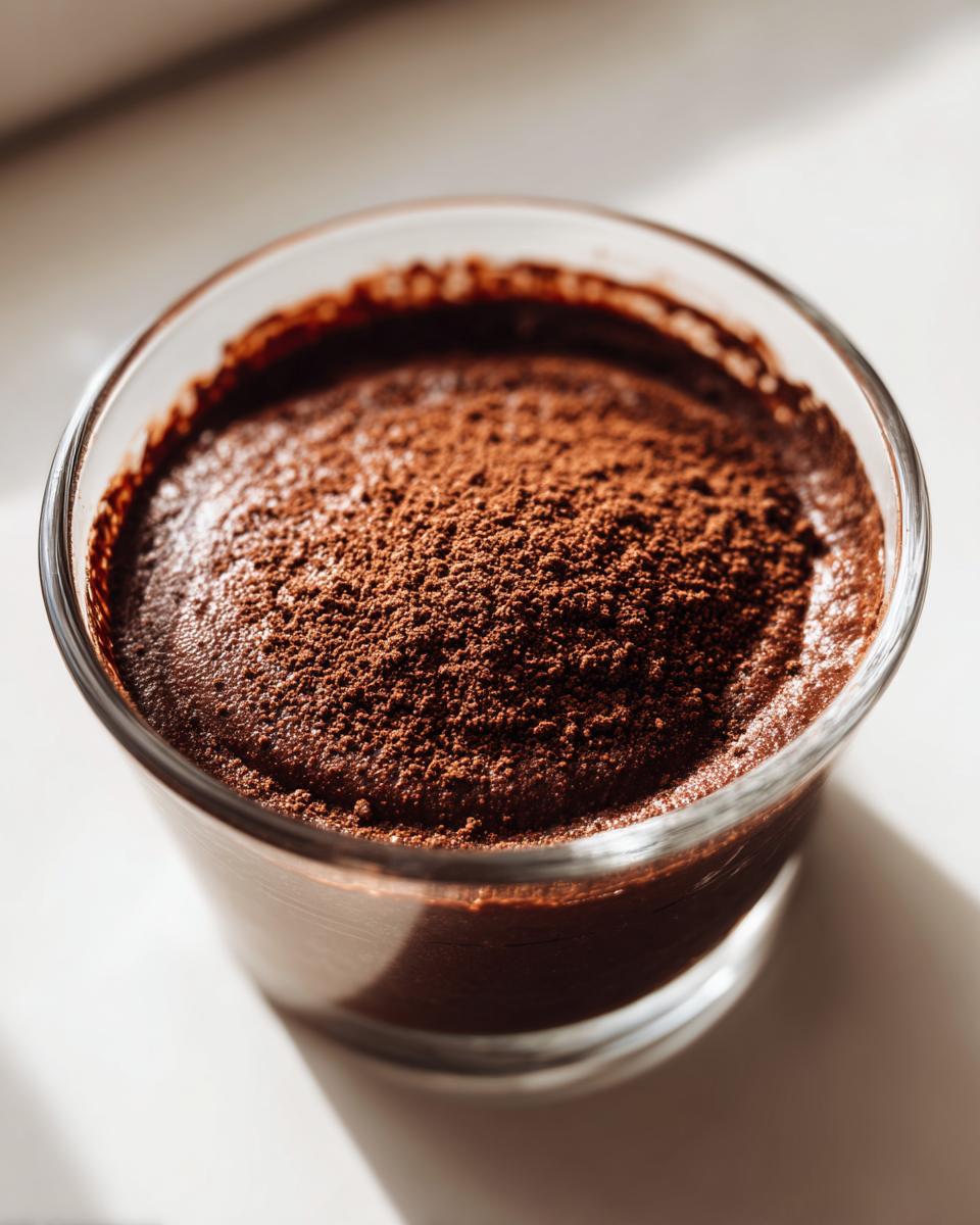 Overhead close-up of rich chocolate pudding in a glass, dusted heavily with cocoa powder.