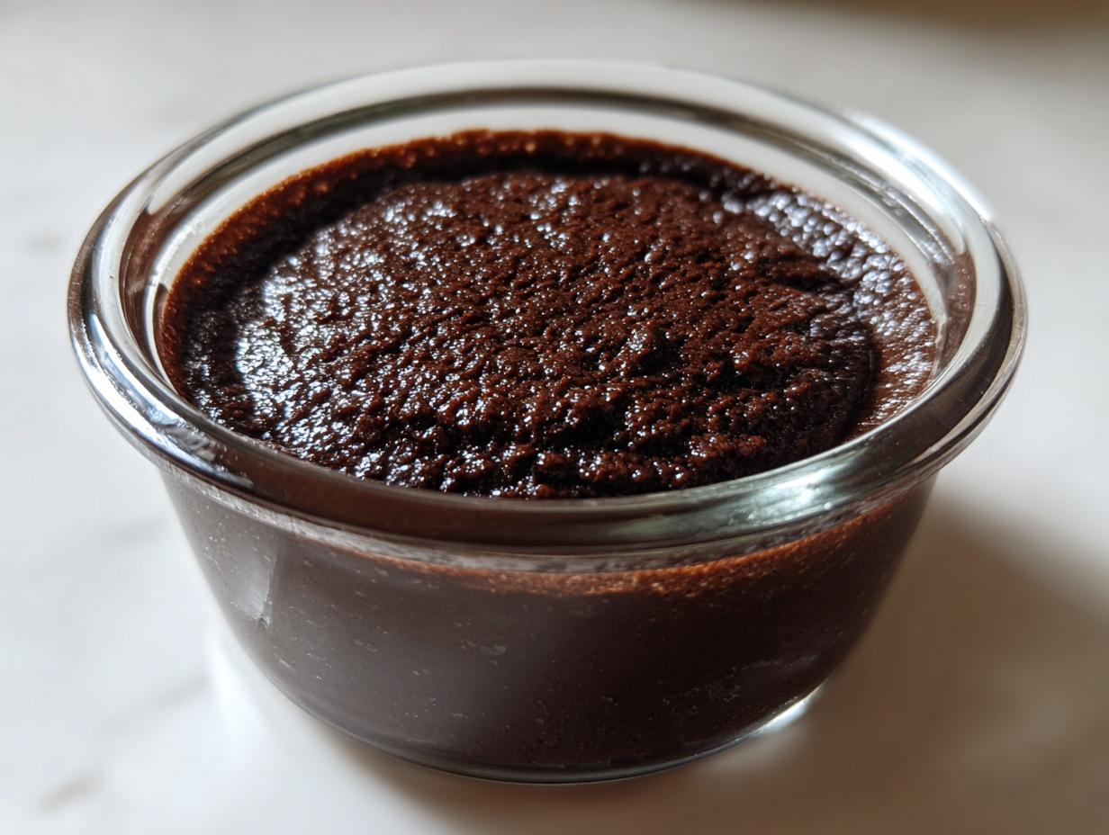 Close-up of rich, dark chocolate pudding with a slightly textured top surface in a small clear glass dish.