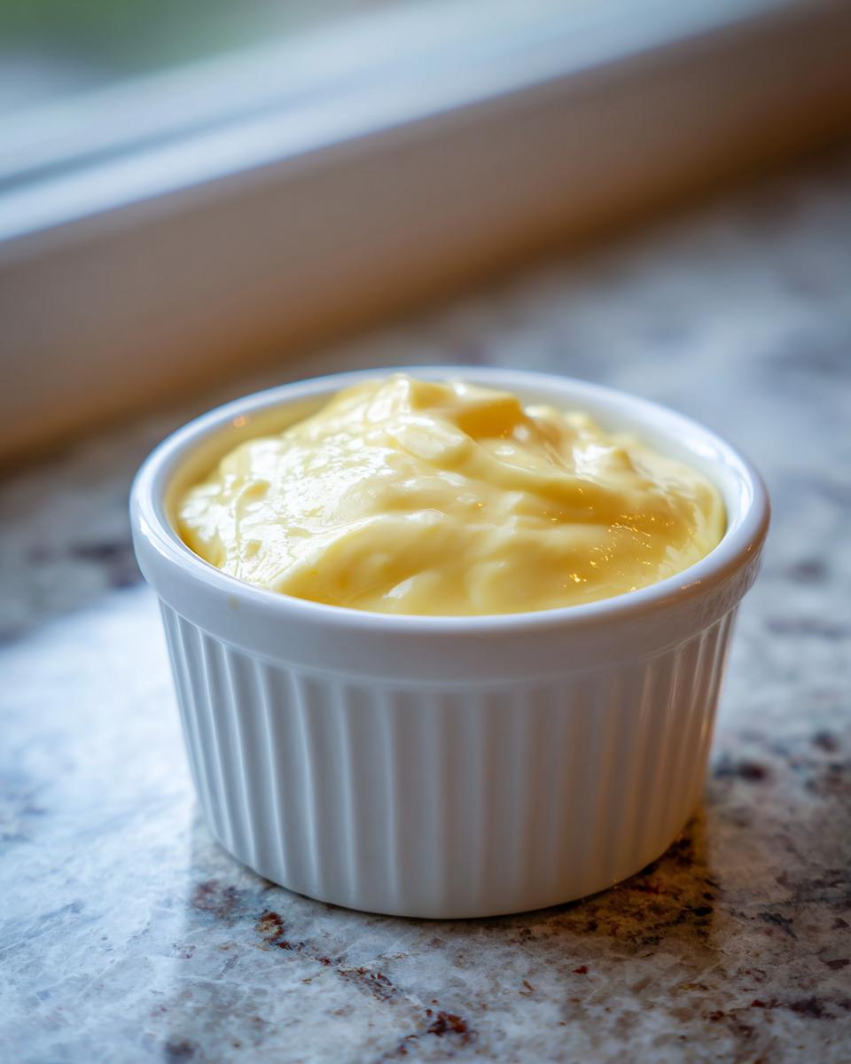 A close-up of rich, creamy hollandaise sauce served in a small white fluted ramekin on a marble countertop.