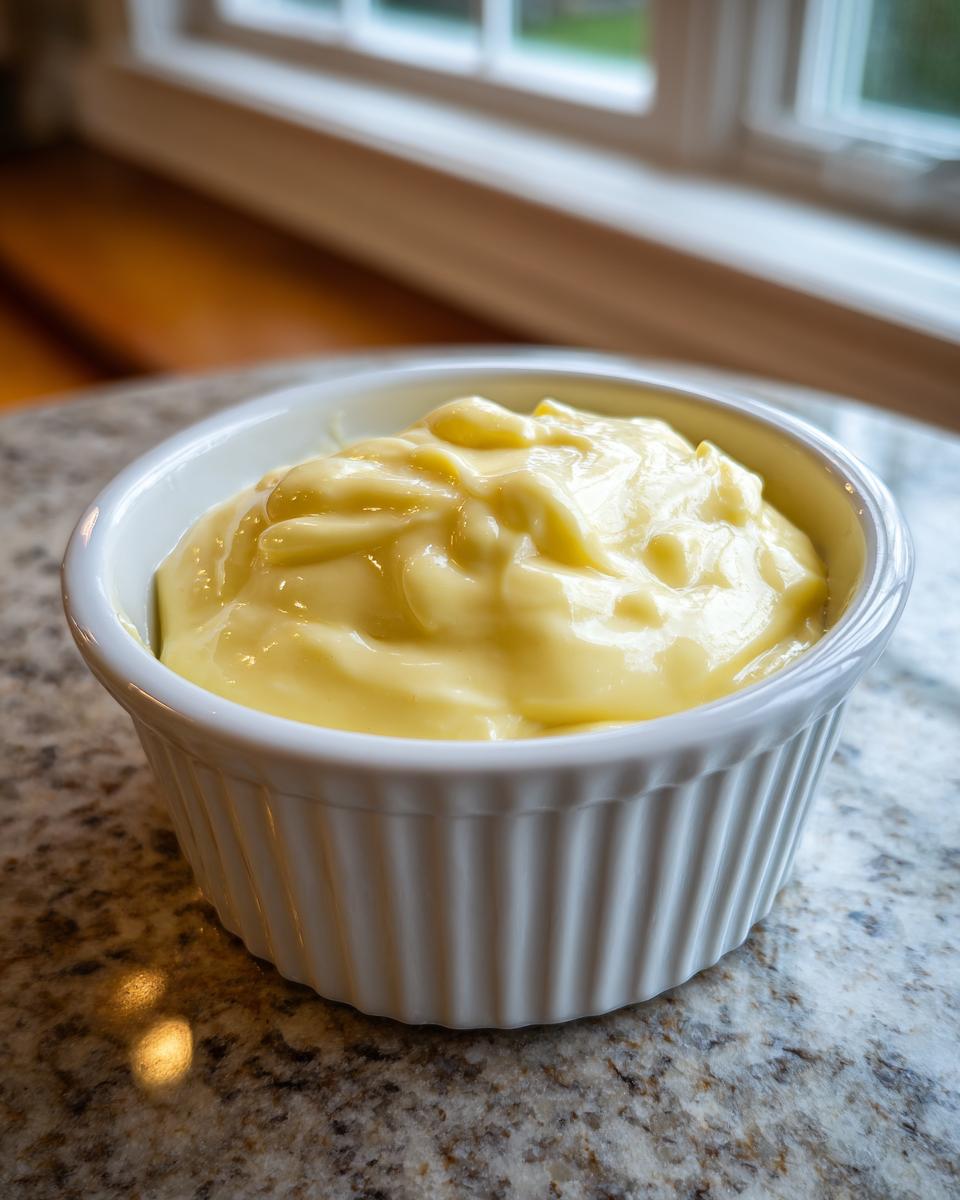 A close-up of freshly made, thick hollandaise sauce served in a small white fluted ramekin.