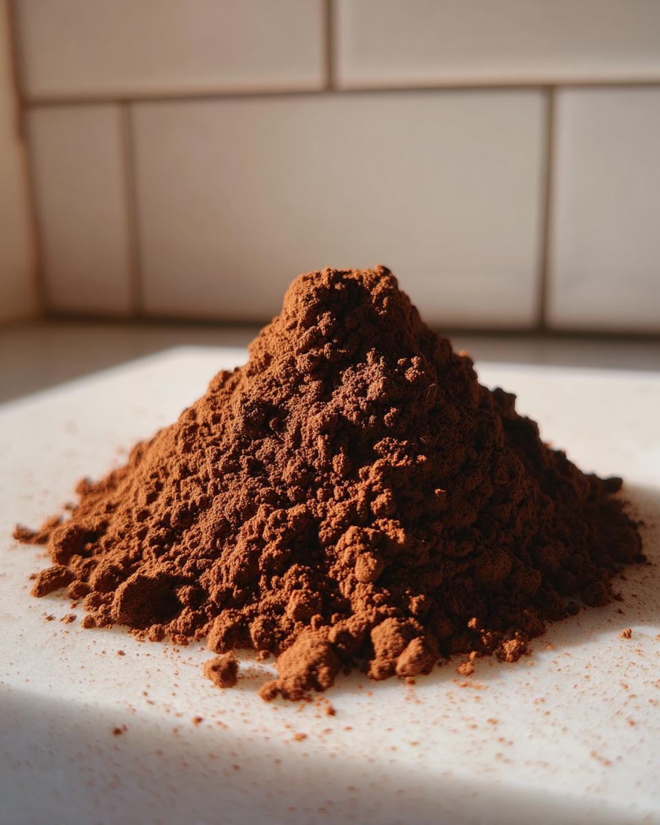A close-up, dramatically lit mound of rich brown hot cocoa mix powder resting on a white surface.